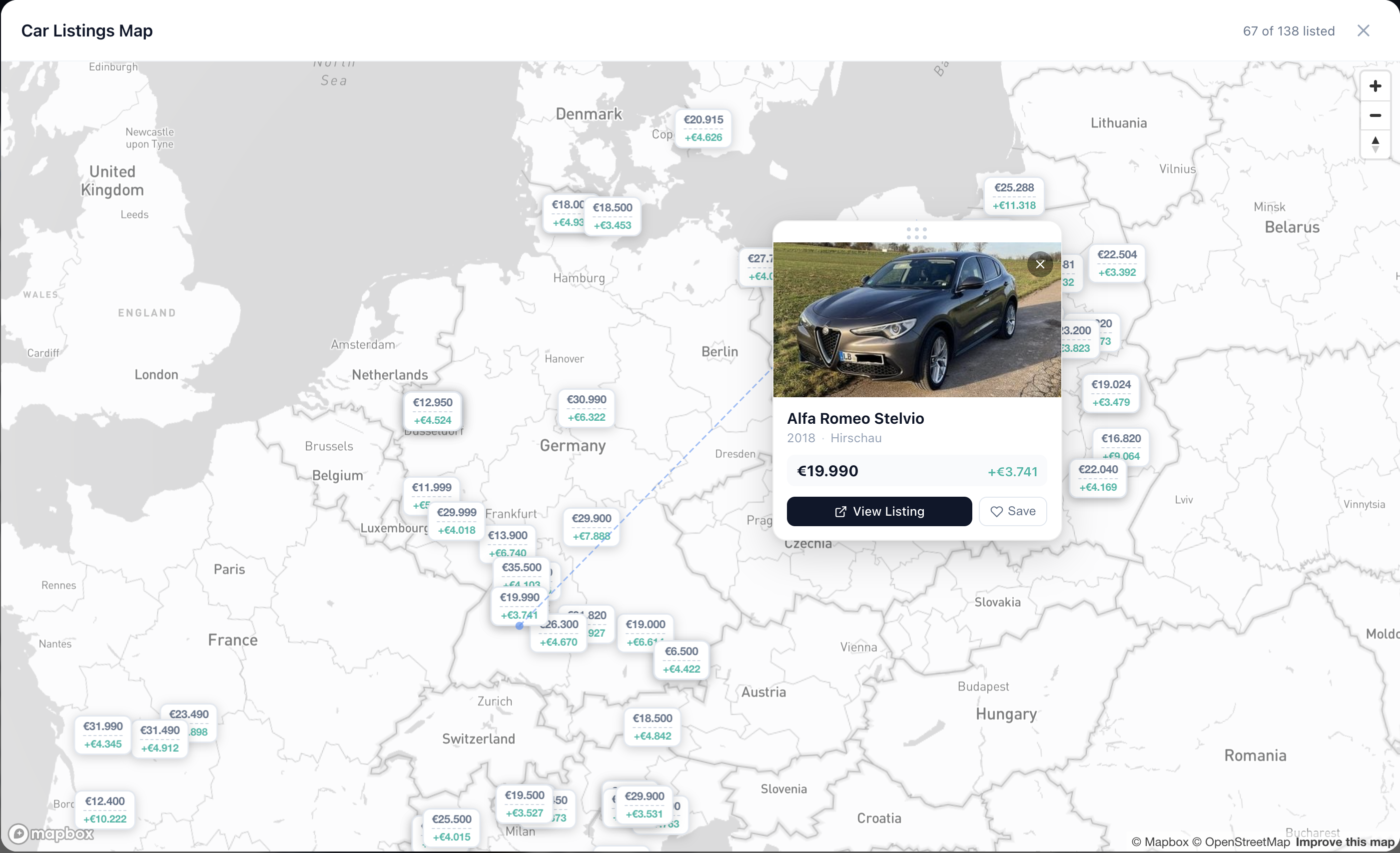 AutoMargin European map showing car listings with prices and profit margins